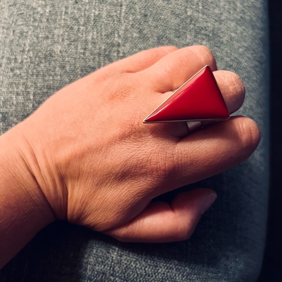 Oversized Estate Ring Triangle Shape Adjustable Sterling Ring Natural Coral - Picture 2 of 8